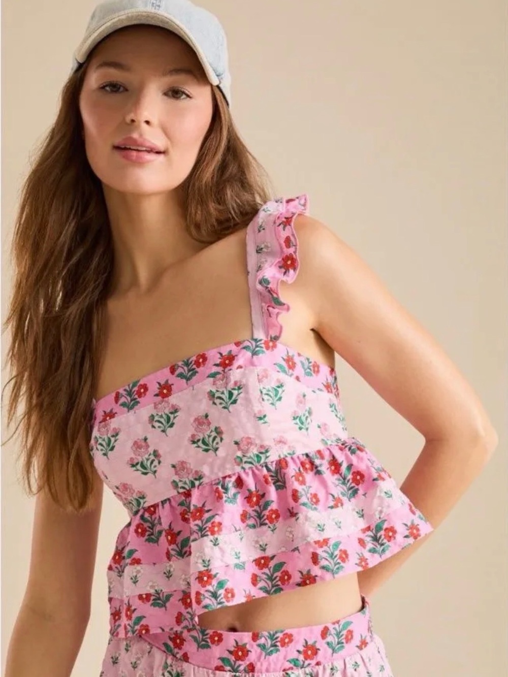 Altar'd State Pink Floral Ruffle-Strap Peplum Crop Top